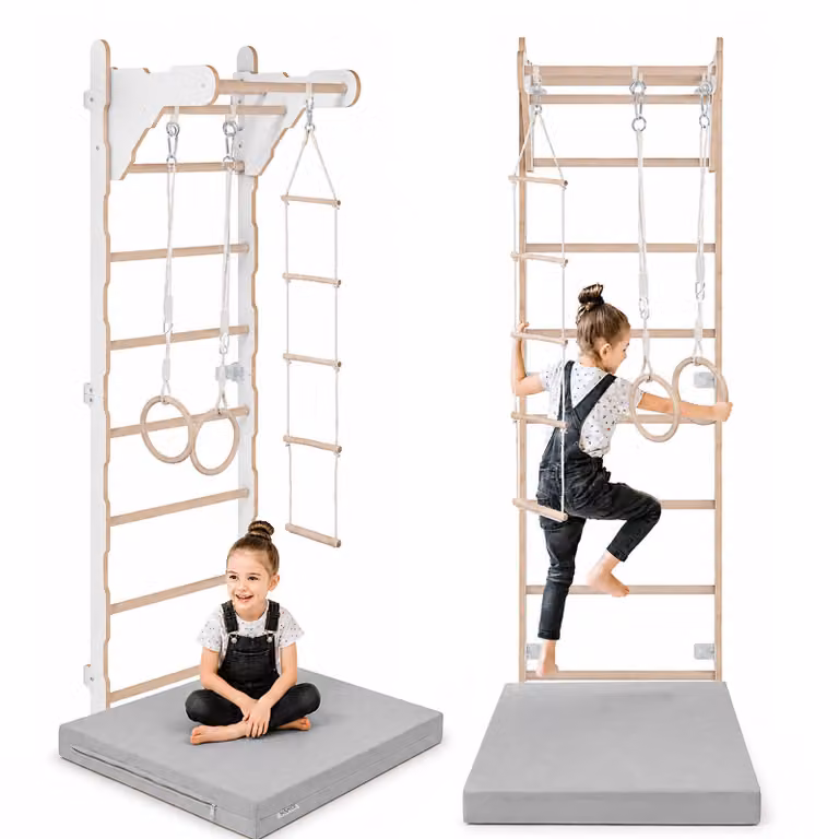 Scala ginnica per bambini (210 cm), Scala a muro in legno, Struttura per arrampicata per bambini, Ruote ginniche, Materasso protettivo