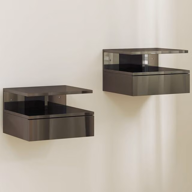 Set da 2 Comodini Sospesi Moderni HOMCOM in Legno Nero Lucido L 35 cm, P 32 cm, H 22,5 cm