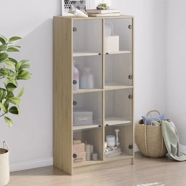 Credenza moderna vidaXL con ante a battente in rovere, colore beige e marrone, L: 68 cm, P: 37 cm, H: 142 cm