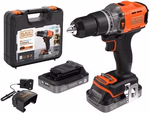 Trapano avvitatore a percussione a batteria Black+Decker 18V arancione con 2 batterie ricaricabili da 2.0Ah – 3