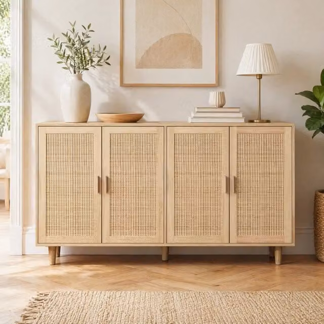 Credenza contenitore 158 cm naturale con 4 ante in rattan e ripiano regolabile