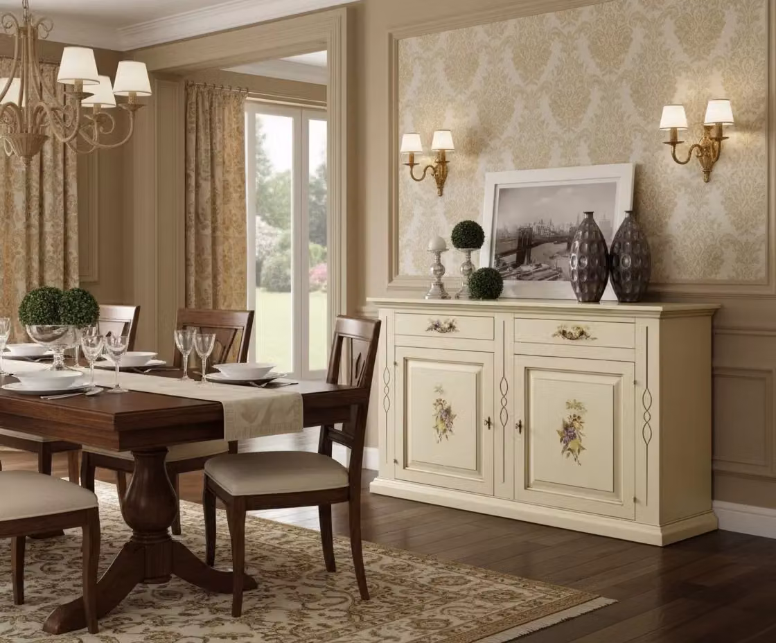 Credenza shabby chic in legno bianco con decori floreali e ante in vetro Mobili 2G L: 177 cm, P: 48 cm, H: 110 cm – 2