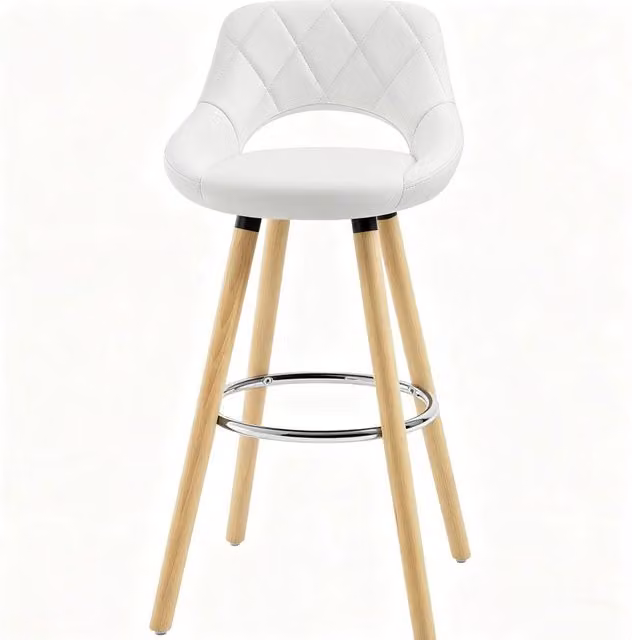 Sgabello da Bar con Seduta in Pelle e Gambe in Legno Massello, Altezza Totale 91 cm, Nero