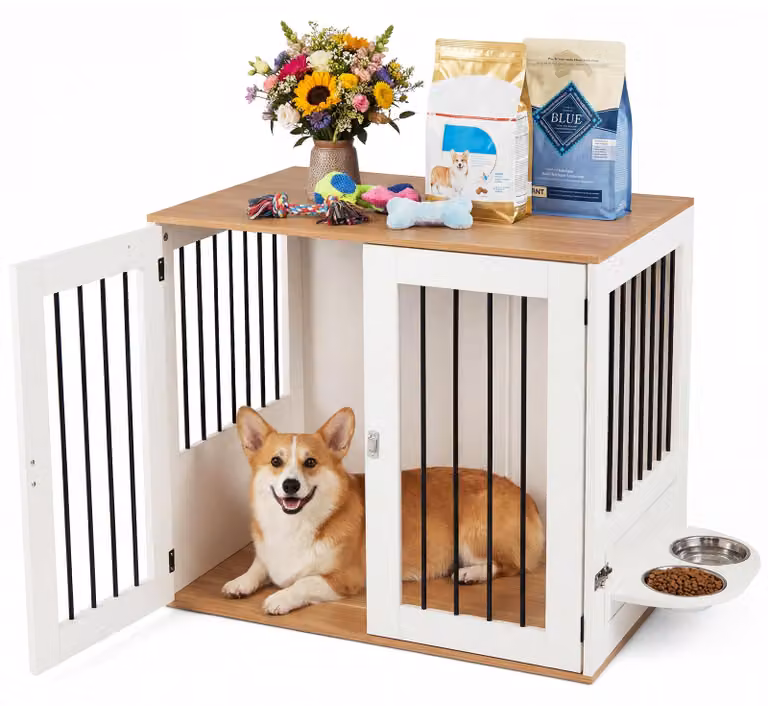 COSTWAY Gabbia per cani, gabbia con ciotole girevoli a 360°, armadio per cani con porta chiudibile a chiave, cuccia, tavolino, bianco