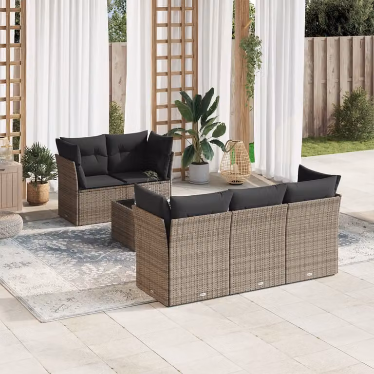 vidaXL Set Divano da Giardino a L in Polyrattan Grigio con 6 Cuscini e Tavolino da Caffè
