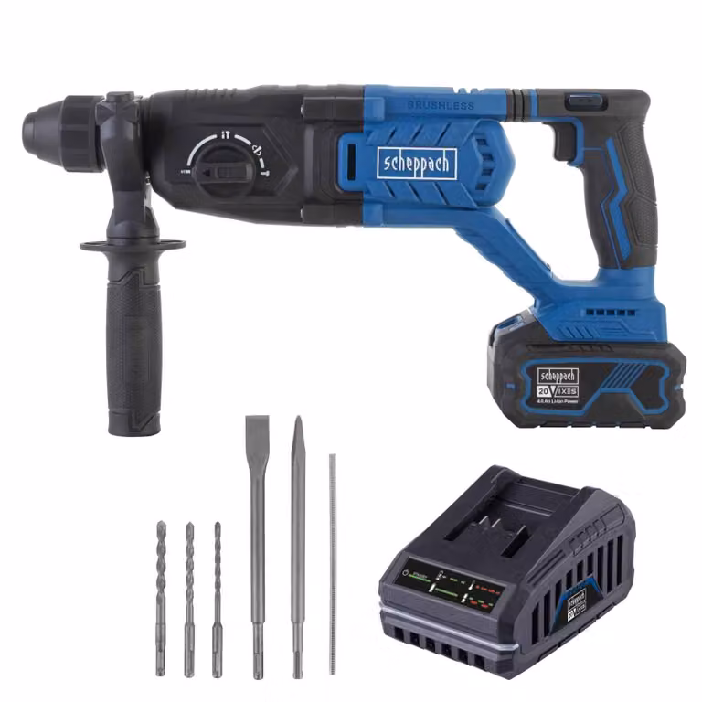 Martello perforatore a batteria Scheppach BC-DH290-X - 20 V IXES | Energia di percussione 2,8 J | fino a 4500 colpi/min | SDS-Plus | Impugnatura aggiuntiva a 360° | incl. batteria da 4 Ah + caricabatterie da 2,4 A