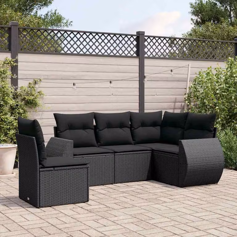 Set di divani da giardino vidaXL a forma di L composto da 5 pezzi in polyrattan nero con cuscini inclusi
