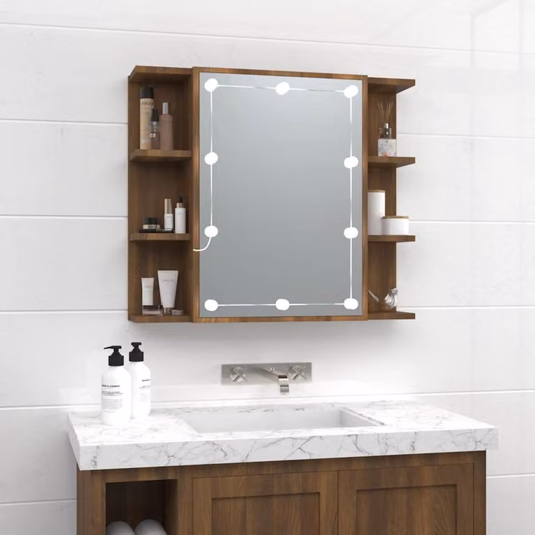 Armadietto da bagno con specchio e illuminazione LED vidaXL in rovere marrone L: 70 cm, P: 16,5 cm, H: 60 cm