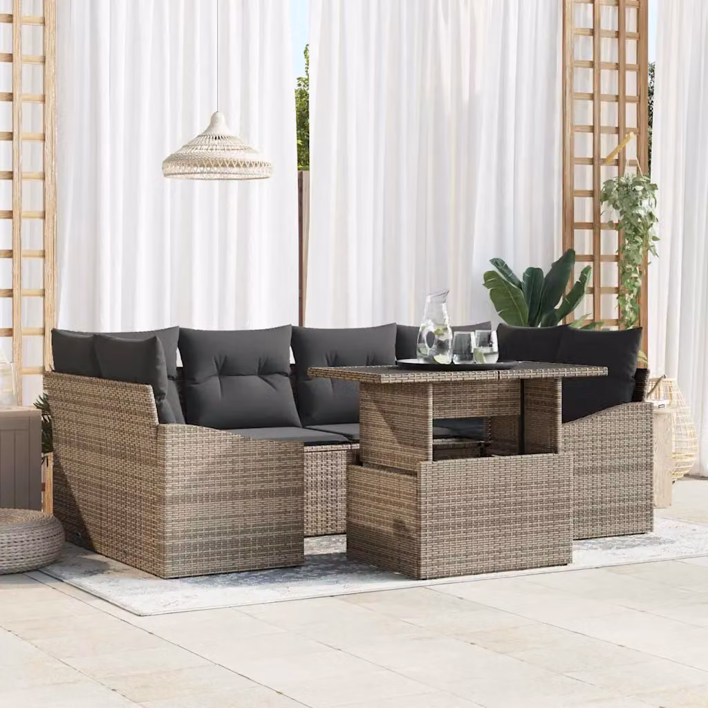 Set Divano da Giardino vidaXL in Polyrattan Grigio con Cuscini e Tavolino, 7 Pezzi – 1