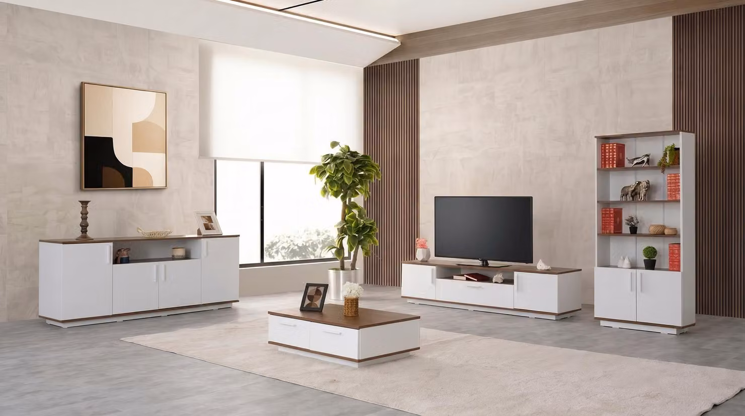 Televisore bianco, supporto TV, tavolino, consolle, libreria, mobili per il soggiorno