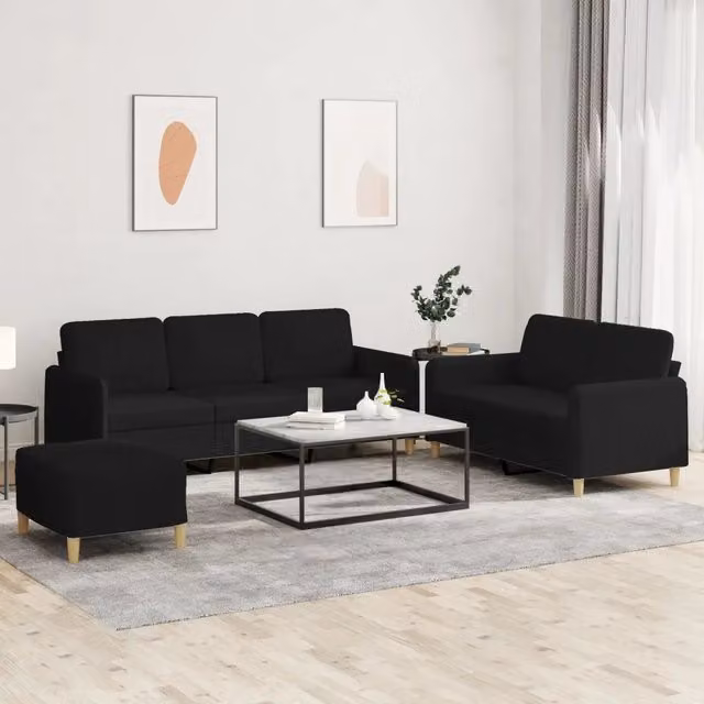 Set di divani moderno vidaXL composto da divano a 3 posti, divano a 2 posti e pouf, rivestito in tessuto nero con cuscini inclusi – 1