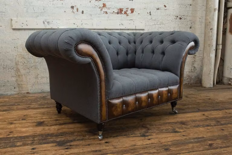 Sessel Couch Polster Sofa Textil Chesterfield Couchen 1,5 Sitzer Einsitzer Grau
