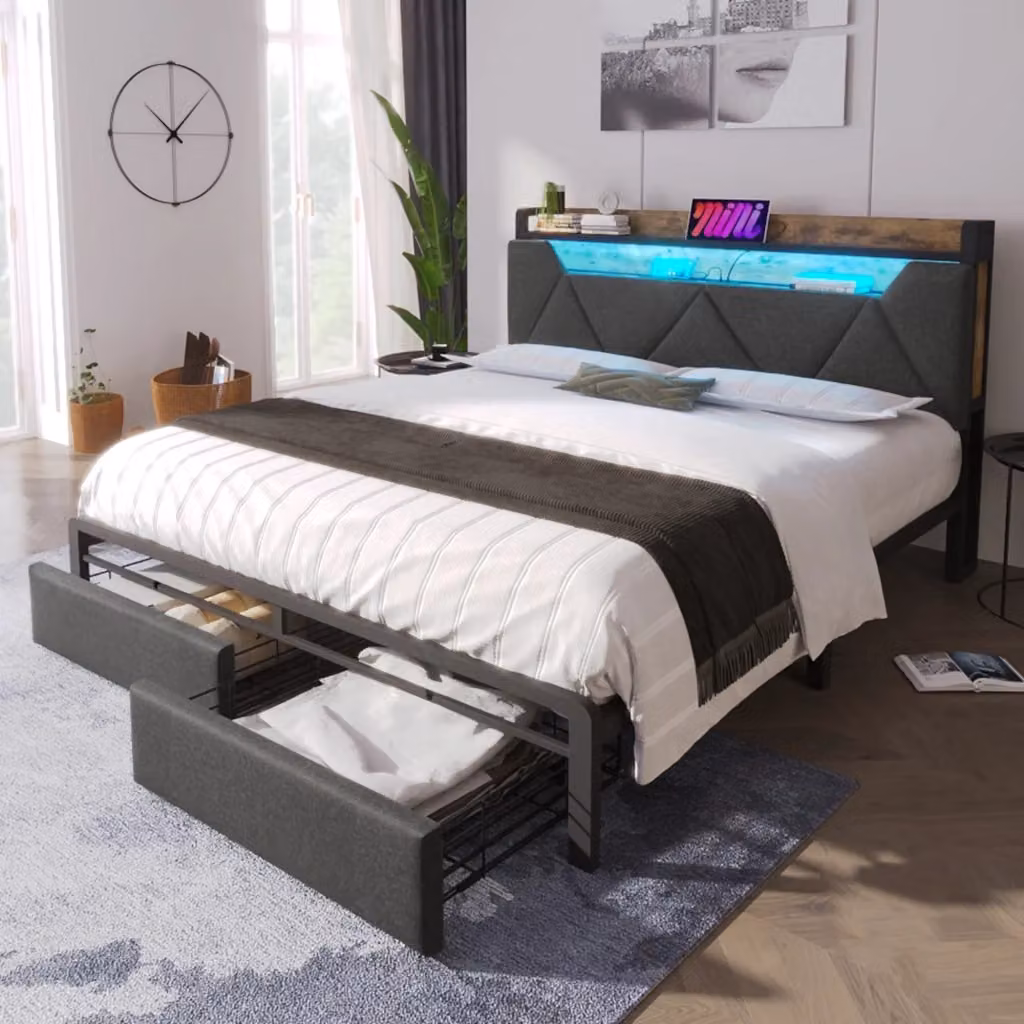 Letto matrimoniale moderno in tessuto grigio con illuminazione LED, porta USB, mensola e cassetti, L/P/H: 140 x 200 x 141 cm – 2
