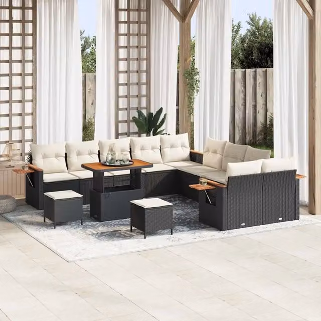 Set Divano da Giardino vidaXL 17 Pezzi con Tavolino e Pouf Nero e Beige – 1
