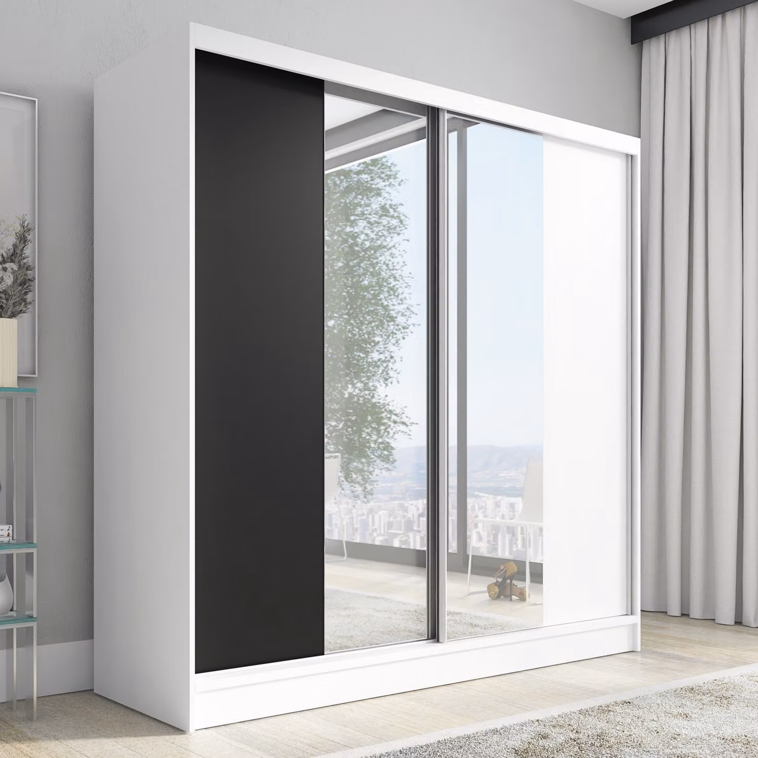 Armadio ad ante scorrevoli, armadio a 2 ante con specchio DUO 200 (bianco, nero, Somona)