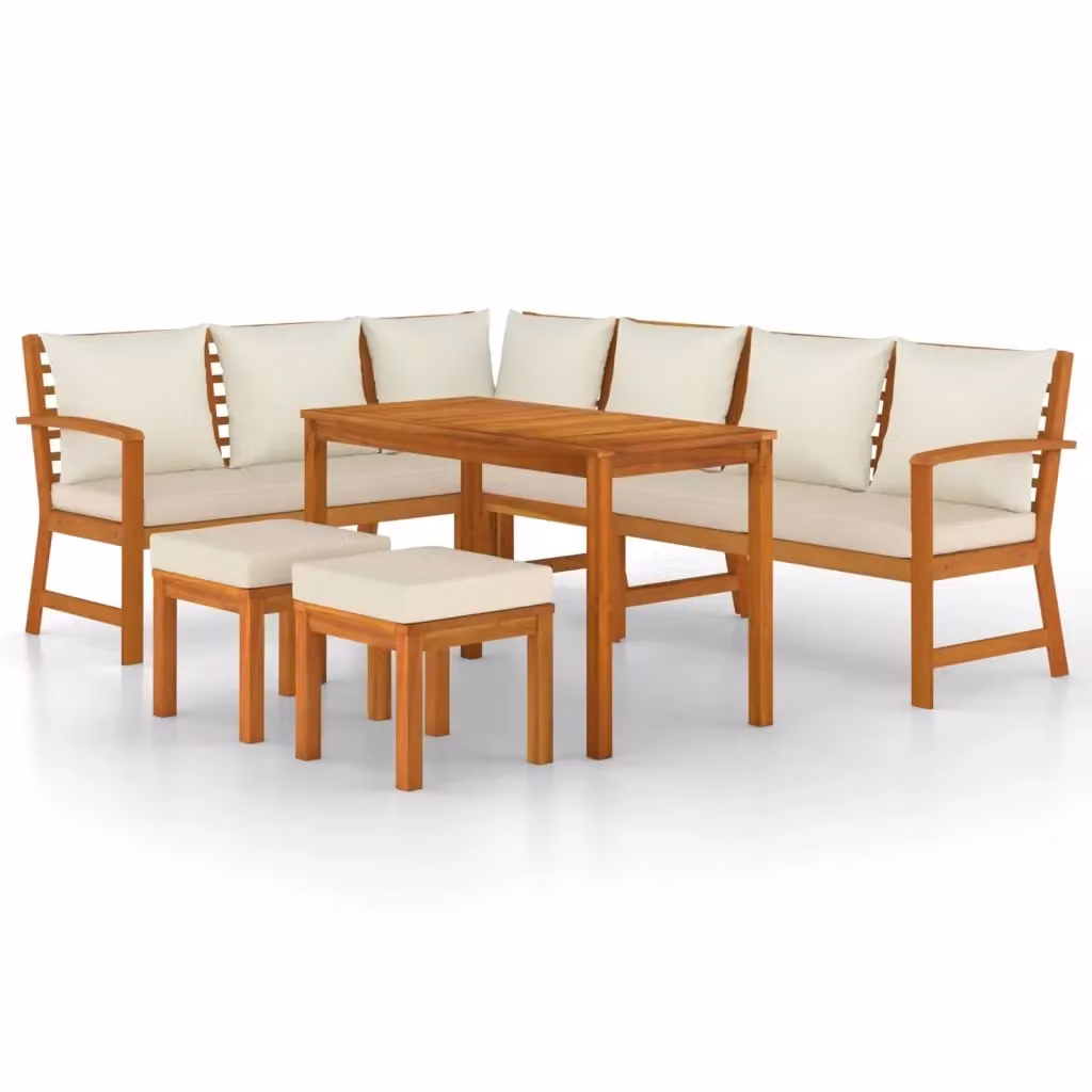 Set da Pranzo da Giardino vidaXL in Legno di Acacia con Cuscini Bianchi, 7 Pezzi – 2