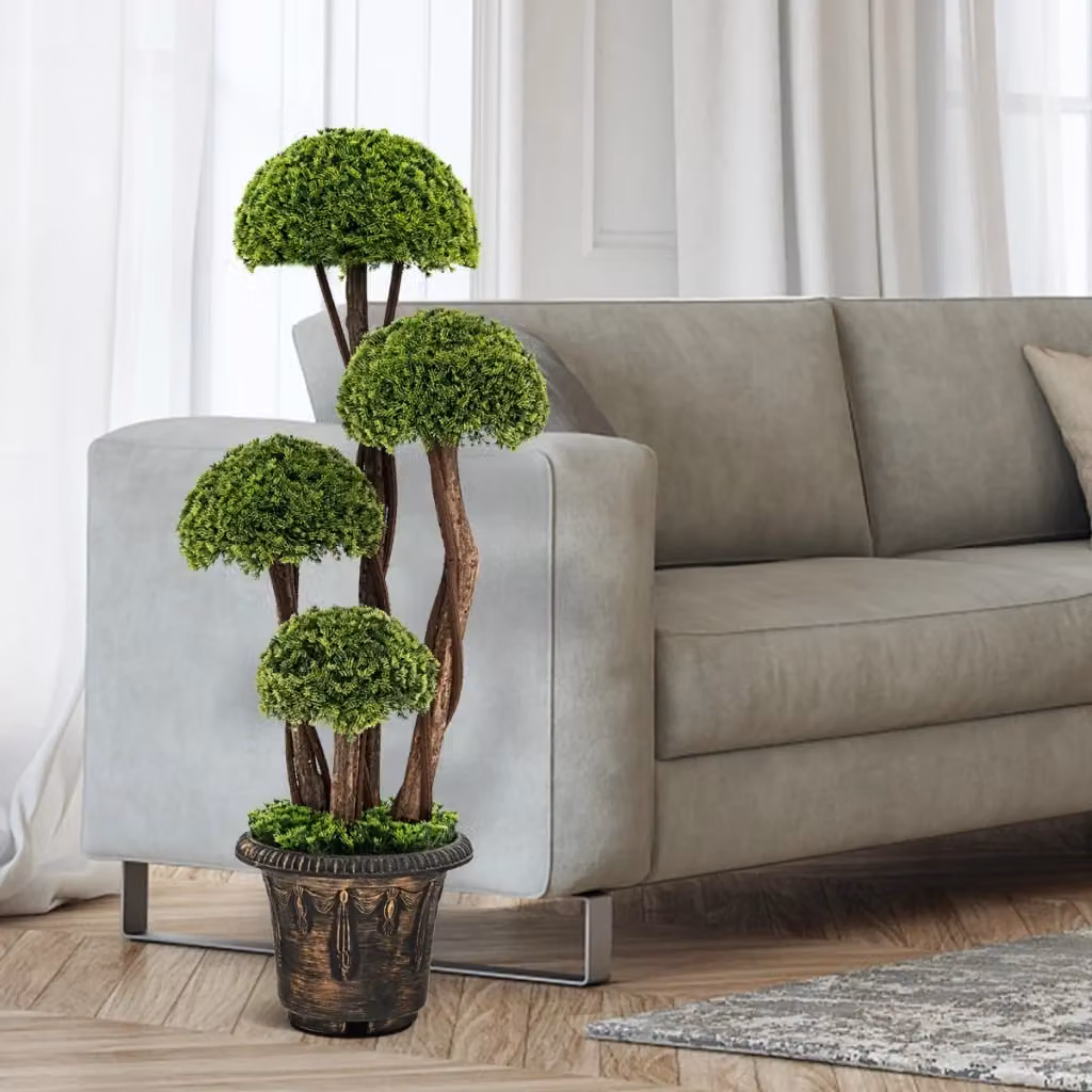 Albero artificiale Cipresso verde con tronco in rattan e vaso in cemento, Altezza: 90 cm – 2
