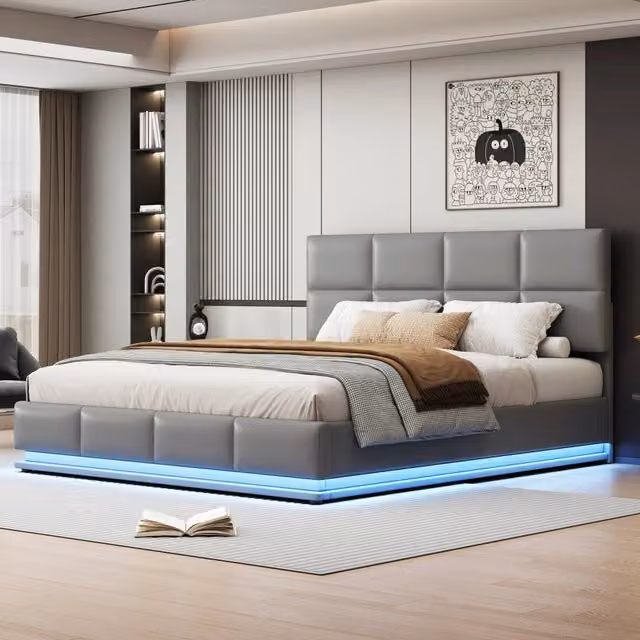 Letto imbottito matrimoniale 180 x 200 cm con luce LED e contenitore idraulico, rivestimento in ecopelle e rete a doghe - Grigio chiaro