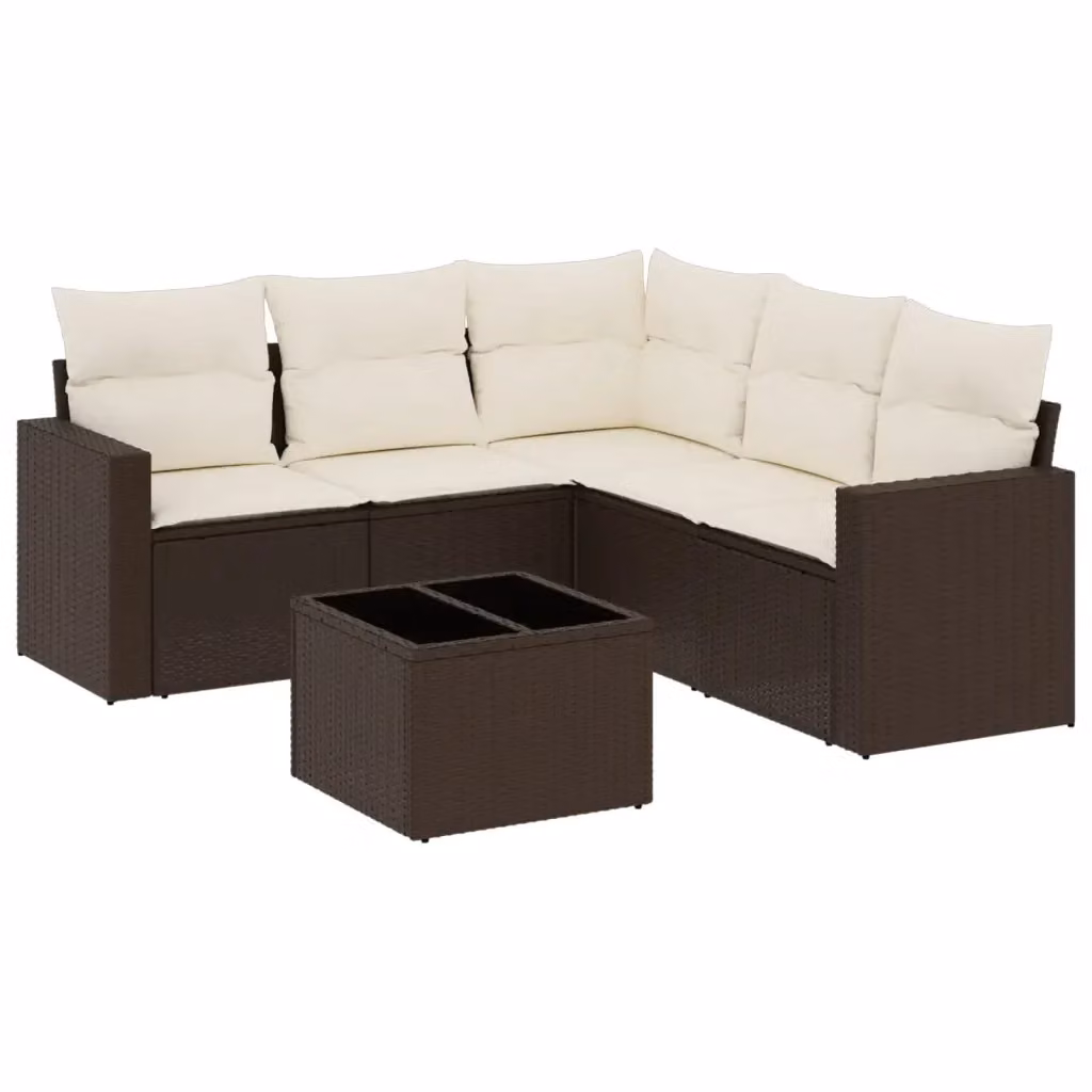 vidaXL Set Divano da Giardino 6 pz a Forma di L in Polyrattan Marrone con Cuscini e Tavolino – 2