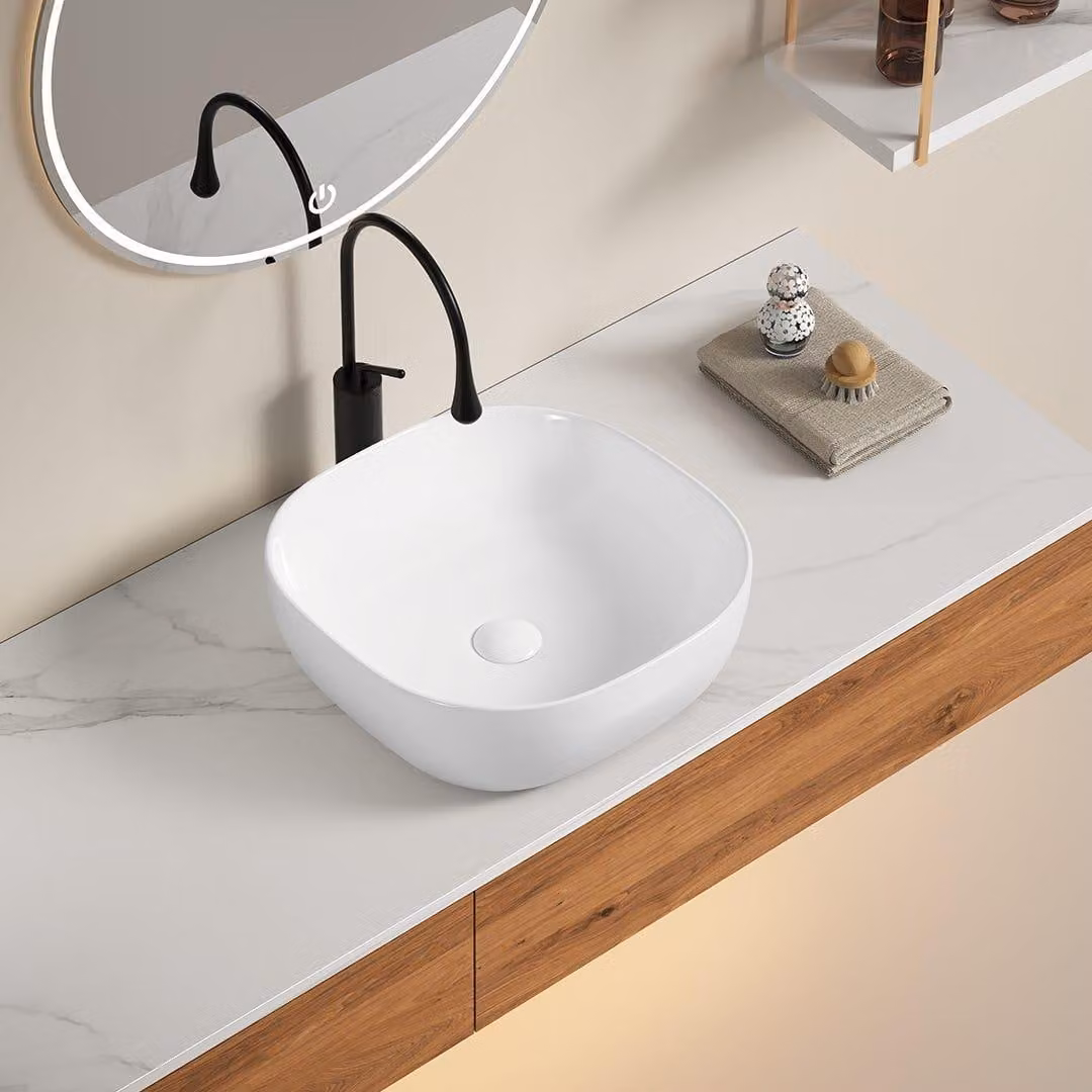 Lavabo da appoggio quadrato in Vetroceramica bianca 42cm
