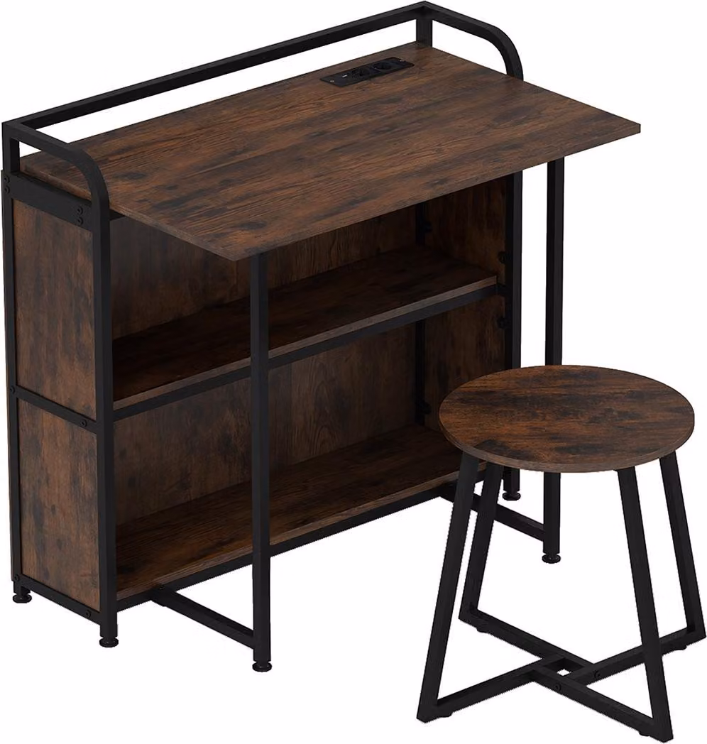 COSTWAY Scrivania pieghevole, scrivania pieghevole con sgabello, presa di corrente, ripiani e struttura in metallo, scrivania per ufficio, scrivania per computer, scrivania pieghevole, 90x55x83cm Marrone
