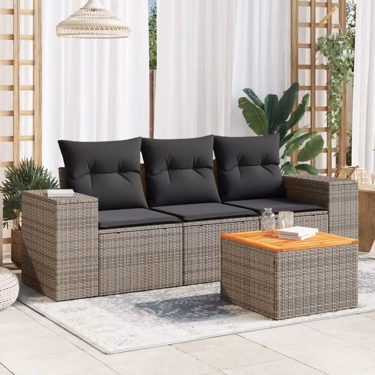 vidaXL Set Divani da Giardino 4 pz con Cuscini e Tavolino, Polyrattan e Acciaio Grigio