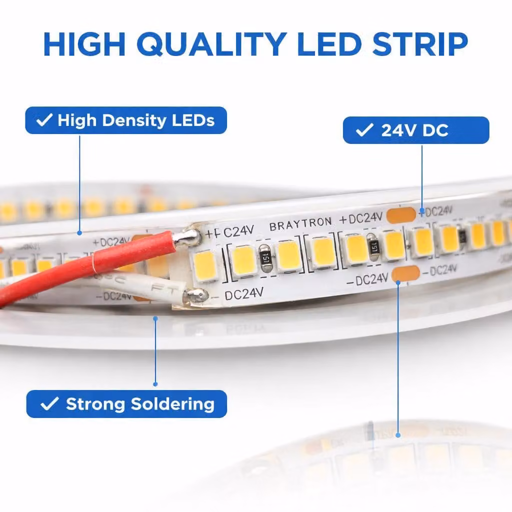Striscia LED Braytron, rotolo da 10 metri, 24 V – Estremamente luminosa, 20 W/m – 240 LED/m – 2600 lm/m – CRI 80 – 26.000 lumen – Autoadesiva 3M – Striscia LED IP20 – 3000 K