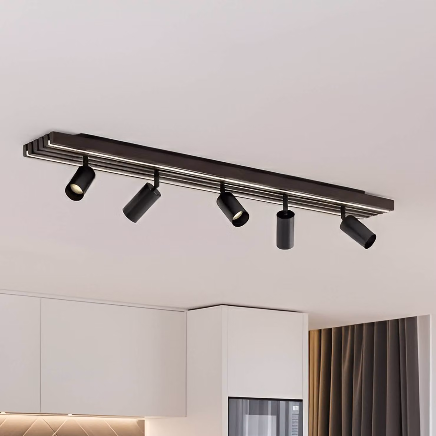Faretto da soffitto LED Lucande Tiron, a 5 luci, 100 cm, rovere Tiron Lucande, dimmerabile, Legno scuro, Soggiorno / Sala da pranzo, Legno, Moderno