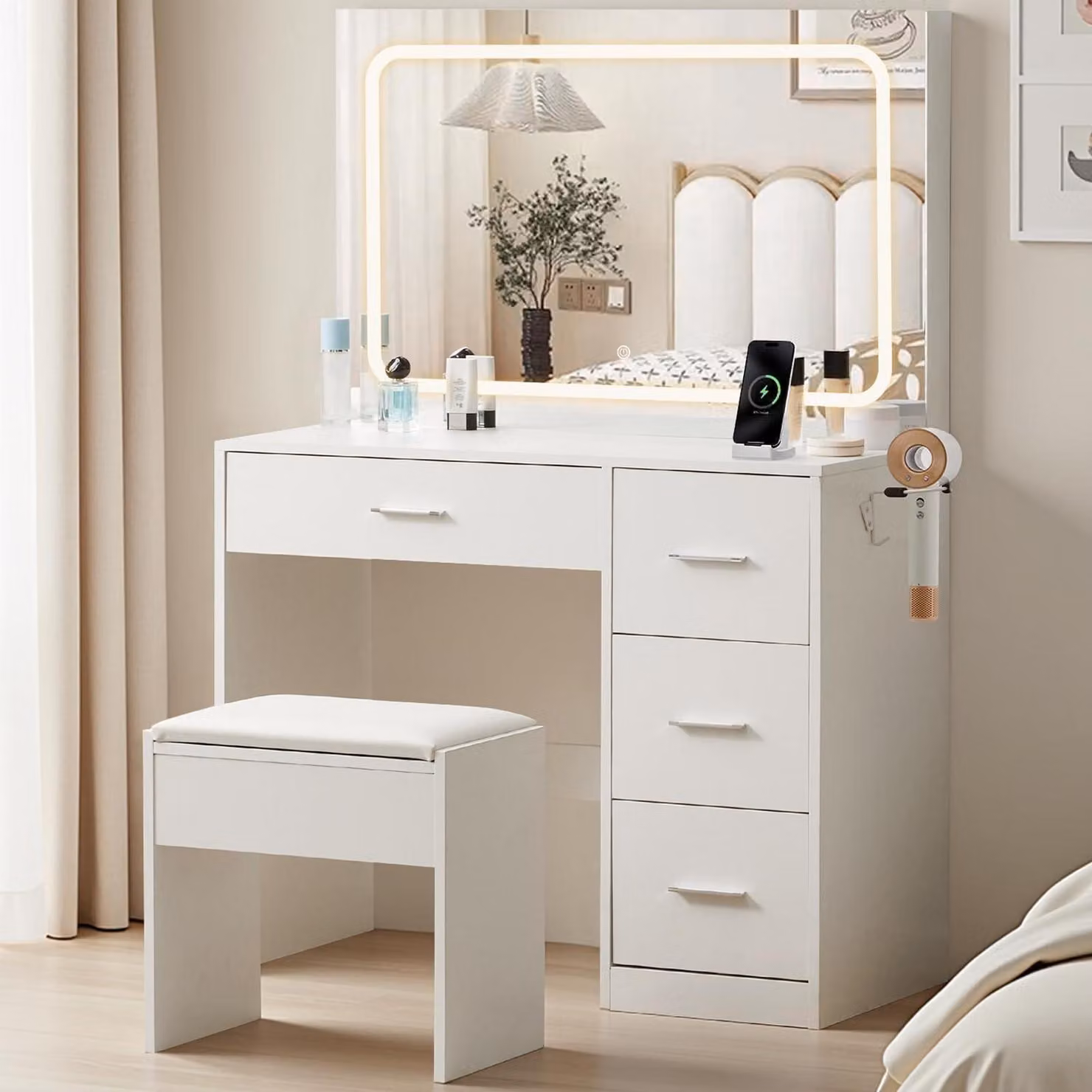 Comò da trucco con illuminazione, specchio e poggiapiedi, 4 cassetti, presa di corrente, 90x40 cm, bianco