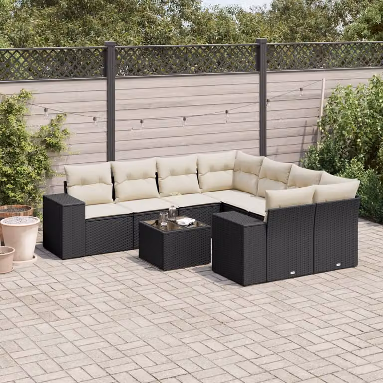 vidaXL Set Divani da Giardino 9 pz a Forma a U con Cuscini, Tavolino e Struttura in Metallo Nero e Bianco