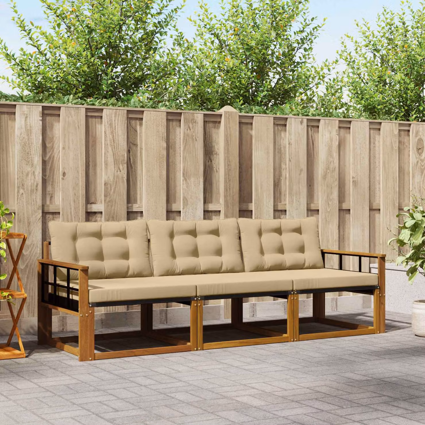 Set di divani da esterno vidaXL in legno di acacia e textilene, colore beige, 3 pezzi