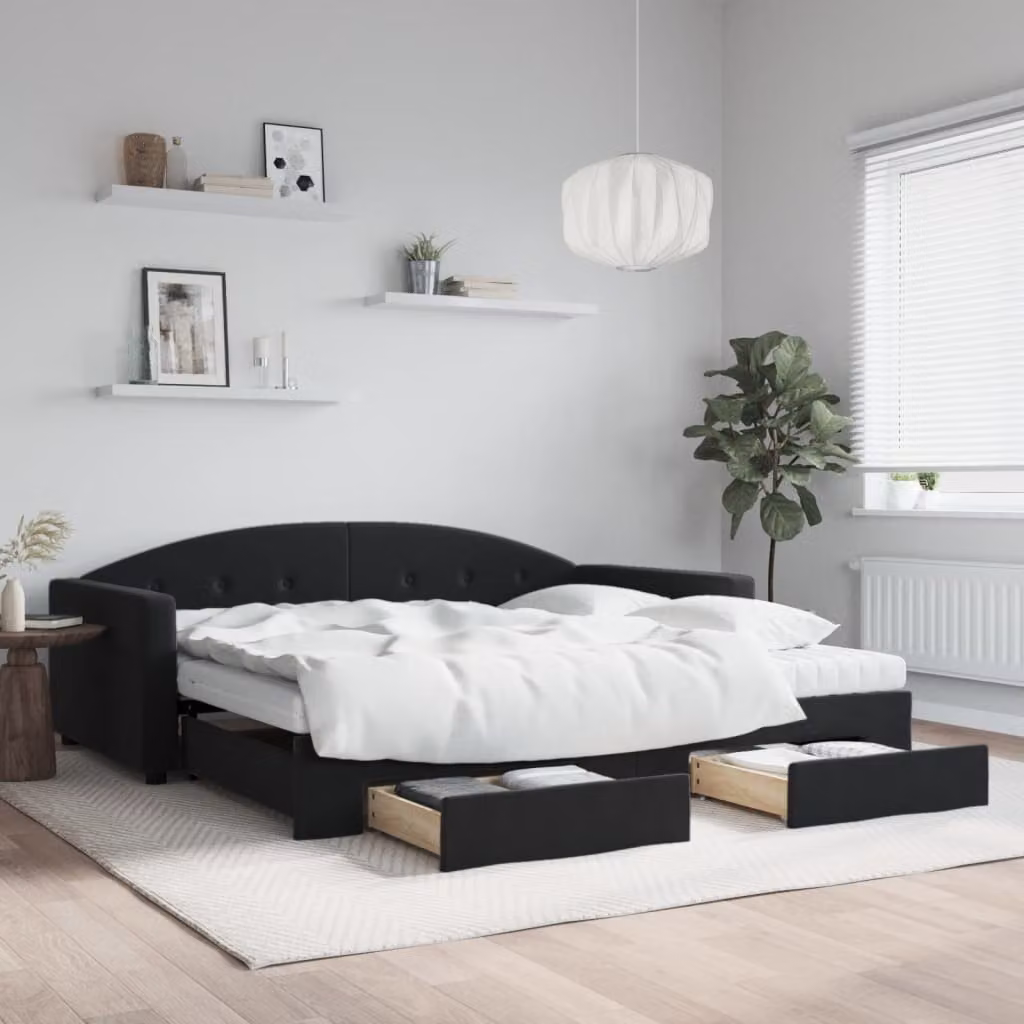 vidaXL Divano Letto Estraibile in Velluto Nero con Cassetti L/P/H: 222 x 100 x 75 cm