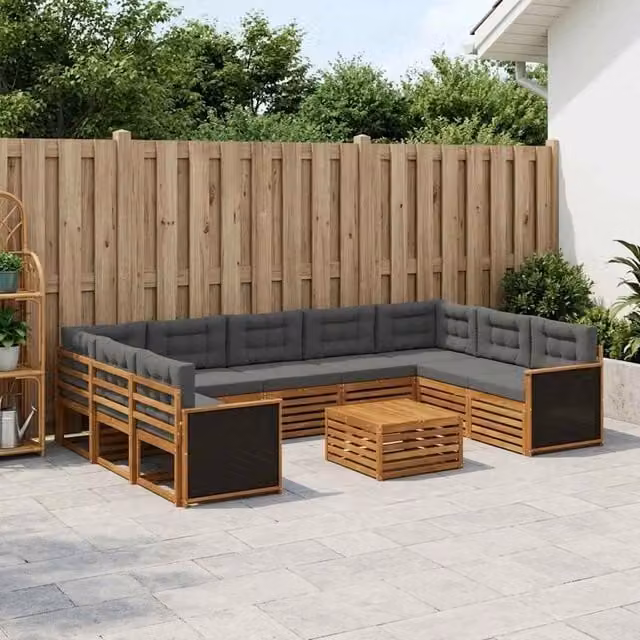 Set di divani da esterno a L con tavolino vidaXL in legno di acacia, colore antracite e beige – 1