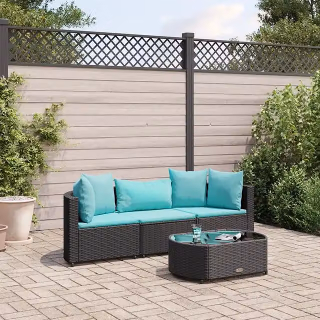 Set da giardino vidaXL composto da 4 pezzi con divano a 3 posti, elementi angolari, tavolino da caffè e cuscini in polyrattan e metallo nero e blu – 1