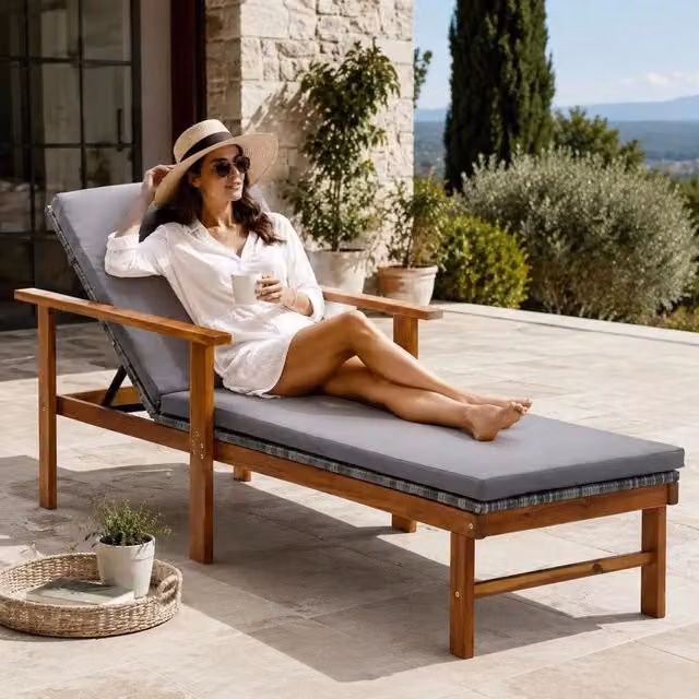Sun Lounger With Cushion, Poly Rattan, Acacia Solid Wood, Grey