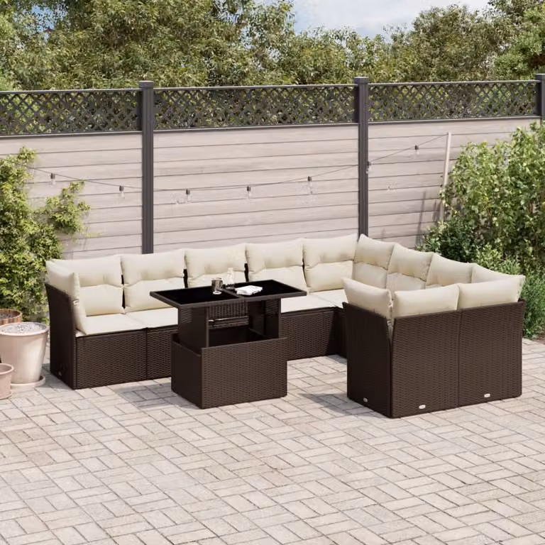 Set di Divani da Giardino vidaXL 10 Pezzi con Cuscini e Tavolino, Design Moderno a L in Polyrattan Marrone e Bianco con Struttura in Acciaio Verniciato a Polvere