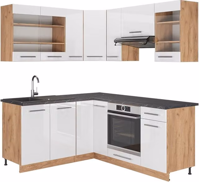Cucina angolare moderna Vicco Fame-Line Bianco lucido e Rovere dorato senza piano di lavoro