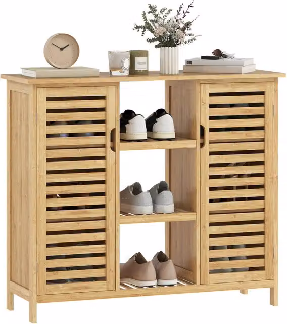 Armadio Minimal in Bambù con 2 Ante, Ripiani Interni e Compartimenti Aperti, Colore Beige, L: 100 cm, P: 33 cm, H: 86 cm