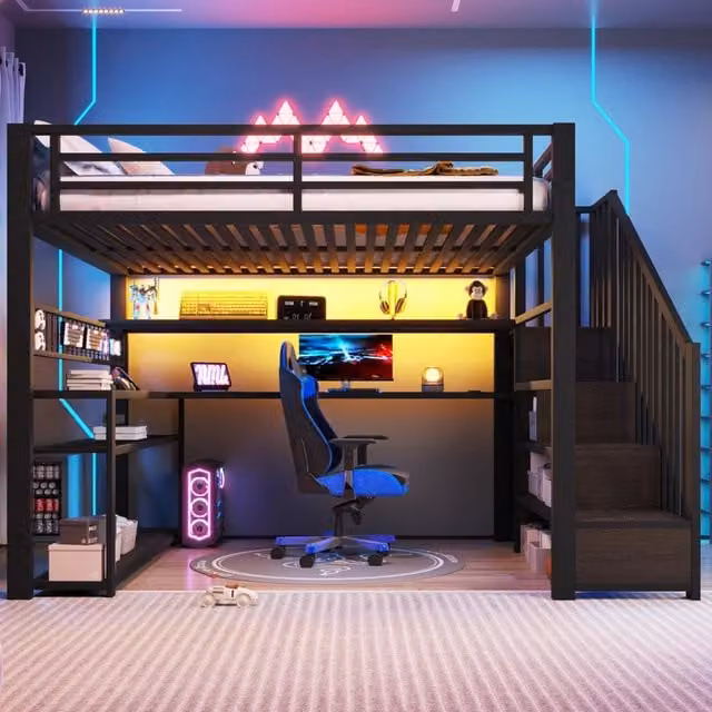 Letto a soppalco 140 × 200 cm con scrivania, armadio, LED RGB e contenitore, senza materasso, nero