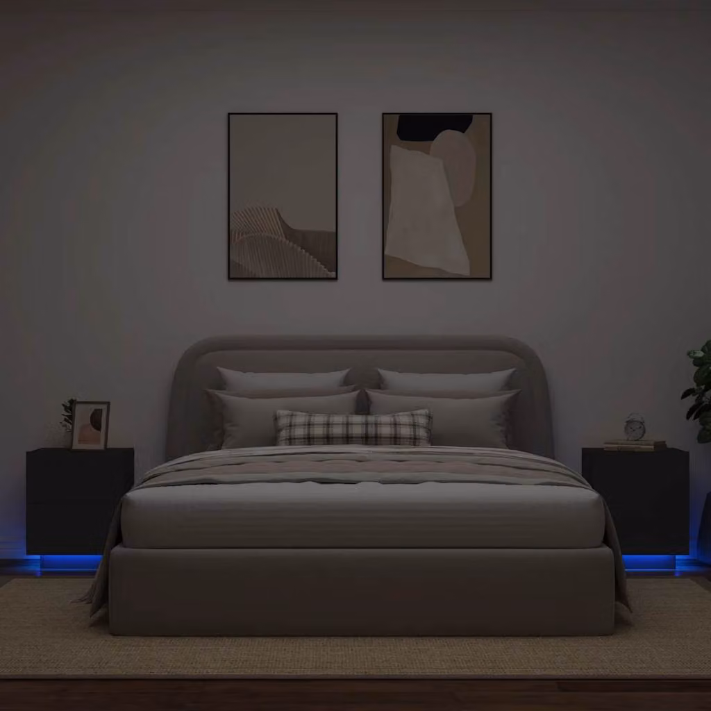 Set di 2 comodini vidaXL neri in legno multistrato con luci LED integrate per camera da letto, design moderno e sospeso a parete