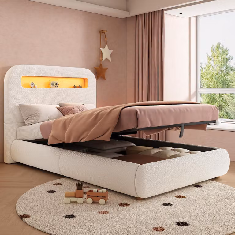 Letto matrimoniale idraulico Merax 90x200 cm con illuminazione a LED, letto singolo per bambini con spazio contenitore, letto multifunzione con rete a doghe, tessuto bouclé, colore bianco