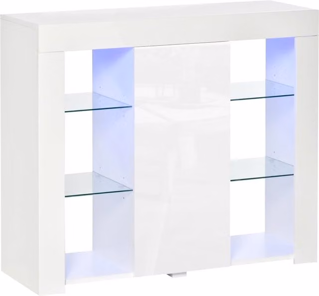 Credenza Moderna con Luci LED Integrate e Mensole in Vetro, Mobile Multiuso in Legno con Finitura Lucida, L: 97 cm, P: 35 cm, H: 83 cm, Bianco