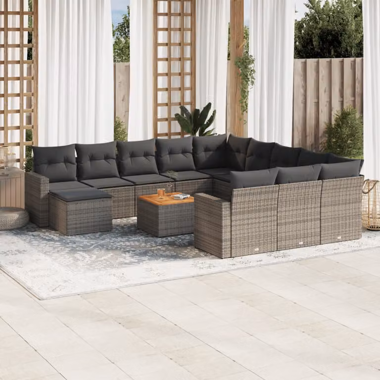 vidaXL Set Divani da Giardino a L 13 pz in Polyrattan Grigio con Cuscini e Tavolino