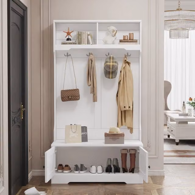 Mobile da ingresso OKWISH bianco con panca, 4 ganci, 2 vani aperti e 2 ante con chiusura soft-close, L: 101,5 cm, H: 183 cm