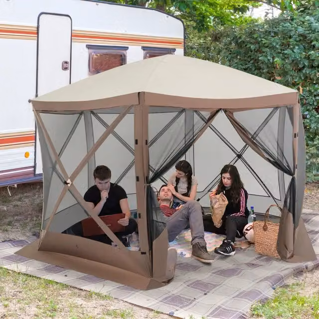 Gazebo pop-up esagonale da giardino, tenda con zanzariera 11.5 x 11.5 ft, tessuto oxford marrone caffè, montaggio rapido pieghevole