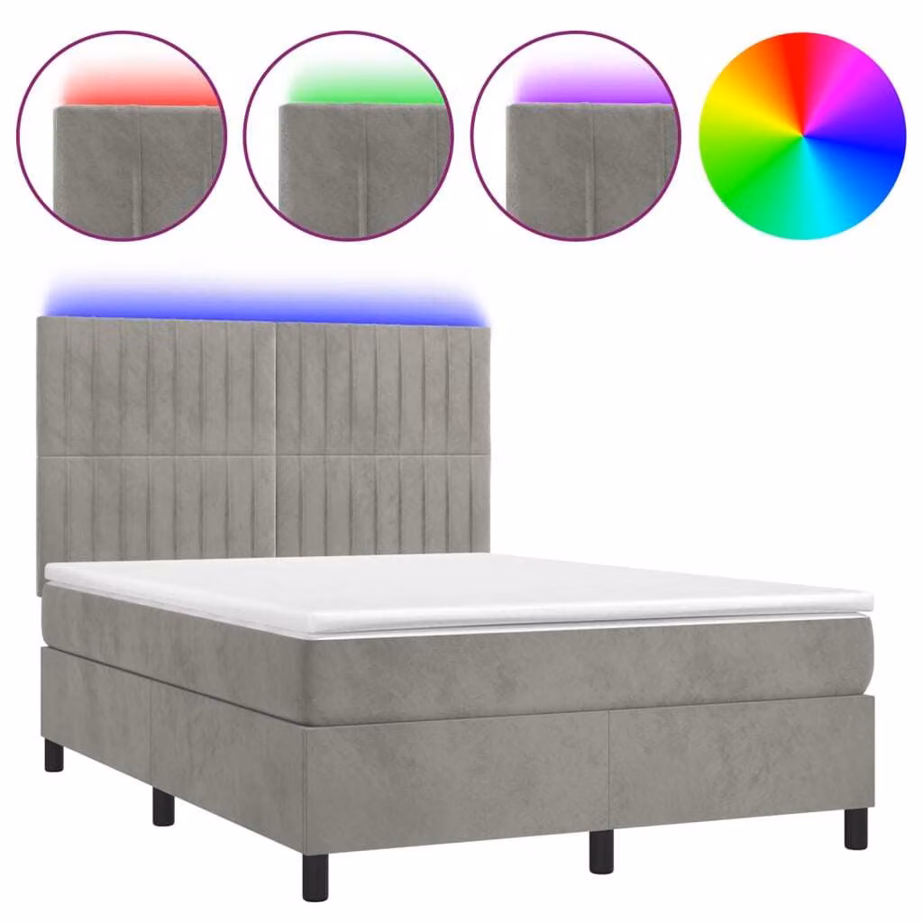 Letto a Molle Materasso e LED Grigio Chiaro 140x190 cm Velluto