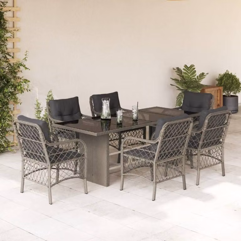 Set da pranzo da giardino vidaXL in polyrattan con piano in vetro e cuscini, 7 pezzi, grigio antracite