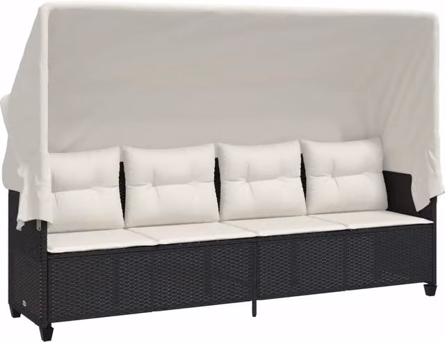 Lettino Prendisole | Sdraio da giardino | Lettino da sole con Baldacchino e Cuscini Nero?Polyrattan