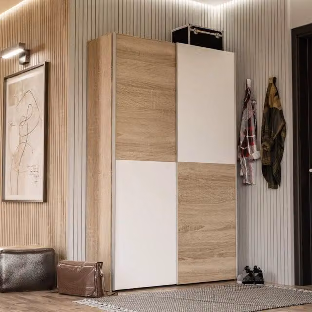 Armadio Zeno con 2 ante scorrevoli rovere e bianco e struttura rovere