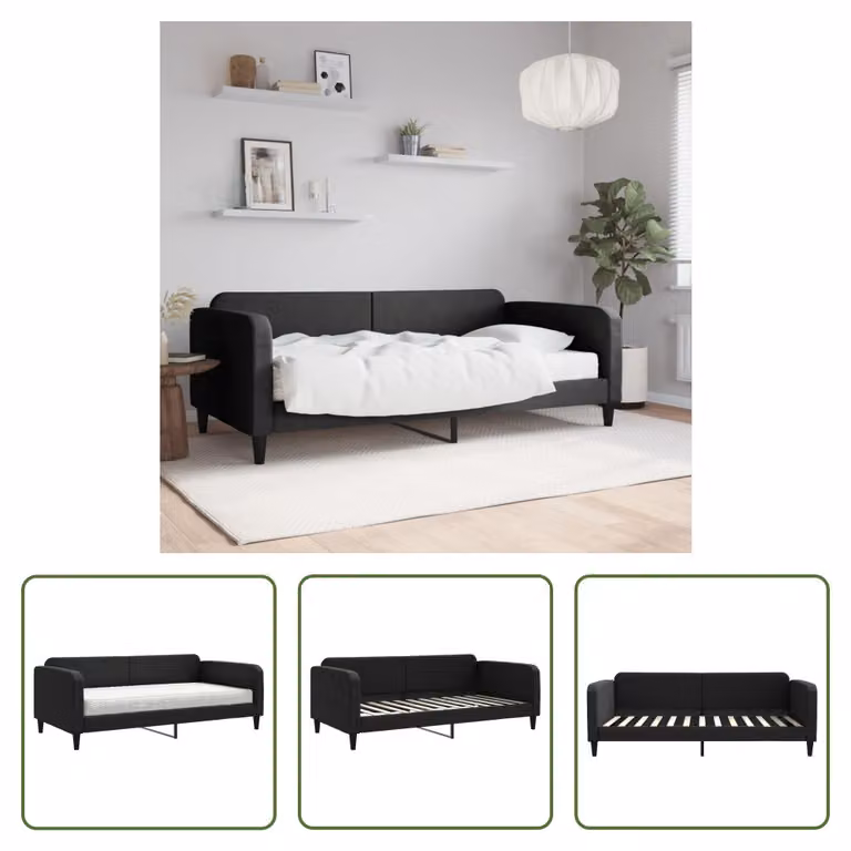 The Living Store Letto da giorno con materasso nero 100x200 cm in tessuto